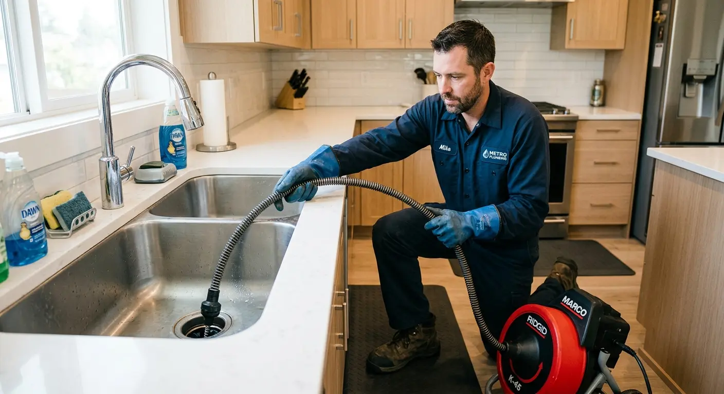 Drain cleaning technician using a motorized snake on a kitchen sink in Skokie