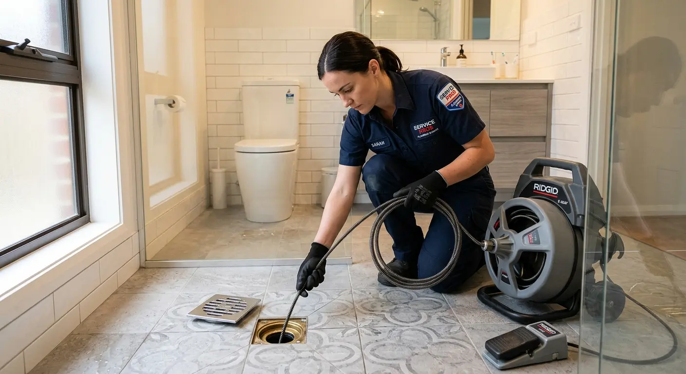 Technician clearing a bathroom floor drain for Drain Cleaning in Skokie